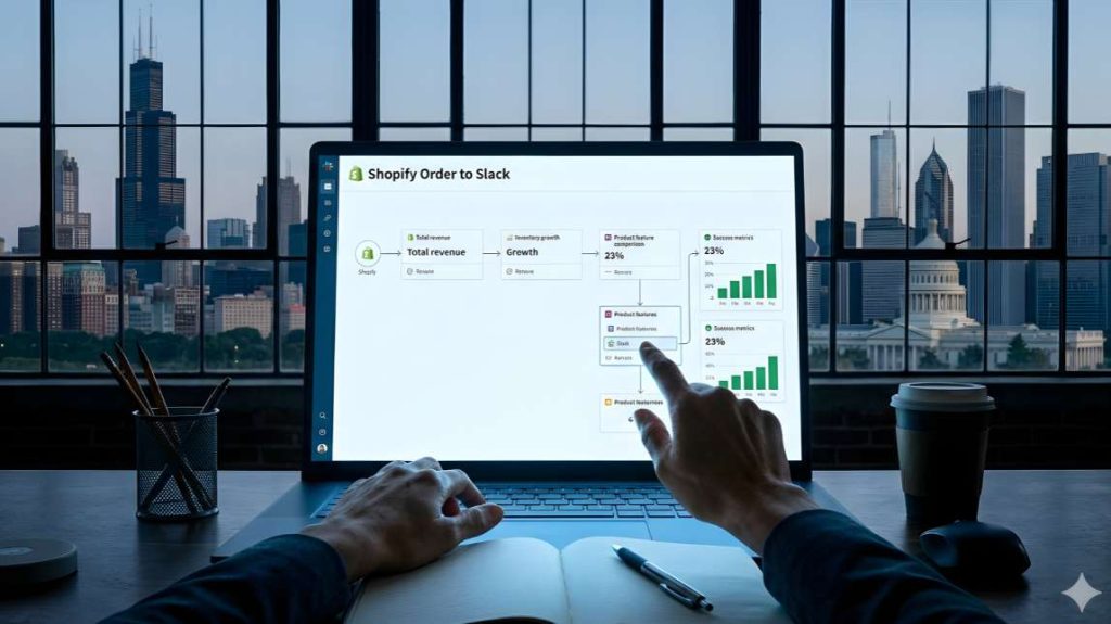 Close up of hands configuring a multi-step workflow within a modern ecommerce automation tool.
