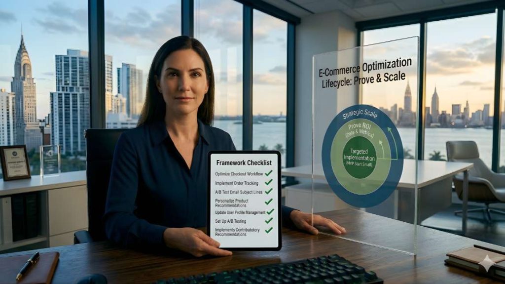 A successful ecommerce manager holding a tablet with a completed automation checklist after an ecommerce automation tools comparison.
