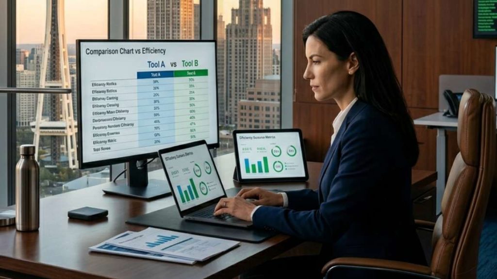 A professional woman analyzing an ecommerce automation tools comparison chart in a Seattle office.