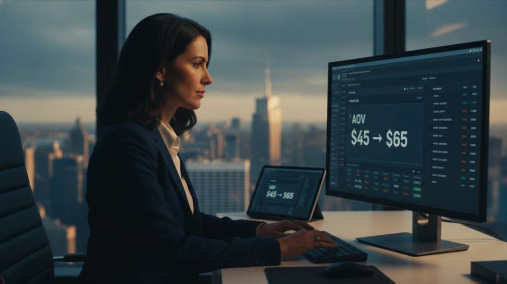 Ecommerce expert analyzing AOV growth using an ai revenue optimization framework in a high-rise Seattle office.