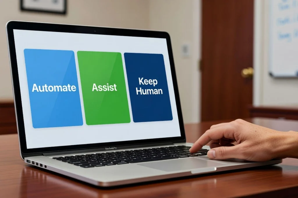 Final decision stage inside an AI automation decision framework showing automate, assist, and keep human options