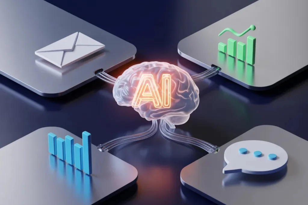 AI marketing automation for small businesses showing multi-channel campaign workflow and lead generation dashboard