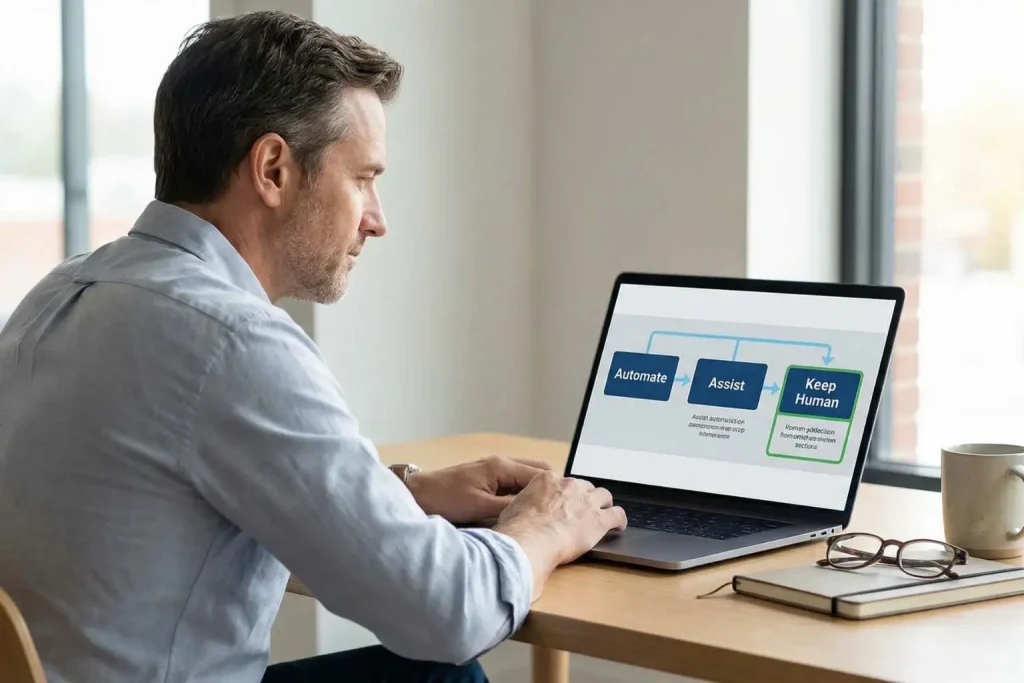 Founder reviewing an AI automation decision framework on a laptop screen showing automate, assist, and keep human options in a structured business environment