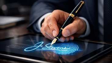 Business professional signing digital document symbolizing originality in AI content