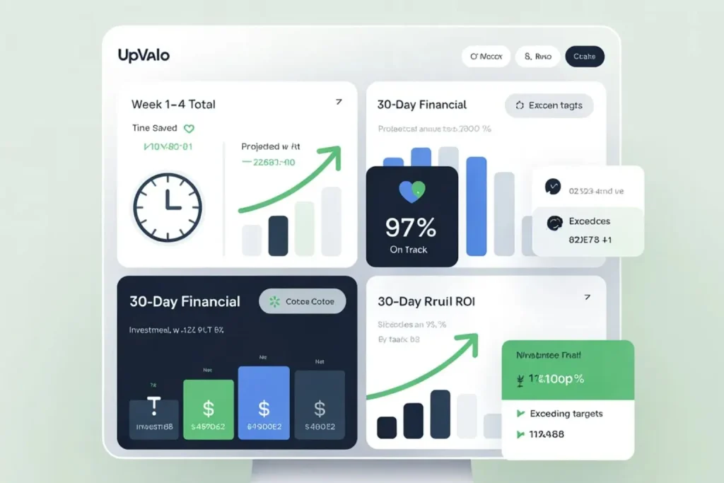 AI automation implementation checklist 30-day ROI measurement dashboard showing actual vs projected results