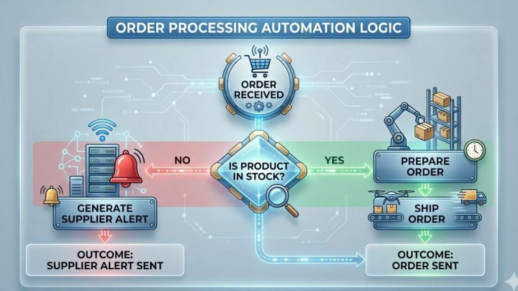  Infographic showing a decision tree for ecommerce order processing with in stock and out of stock branches.