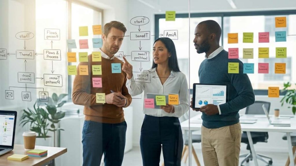 A group of coworkers discussing workflows in front of a board covered in sticky notes in a modern office.