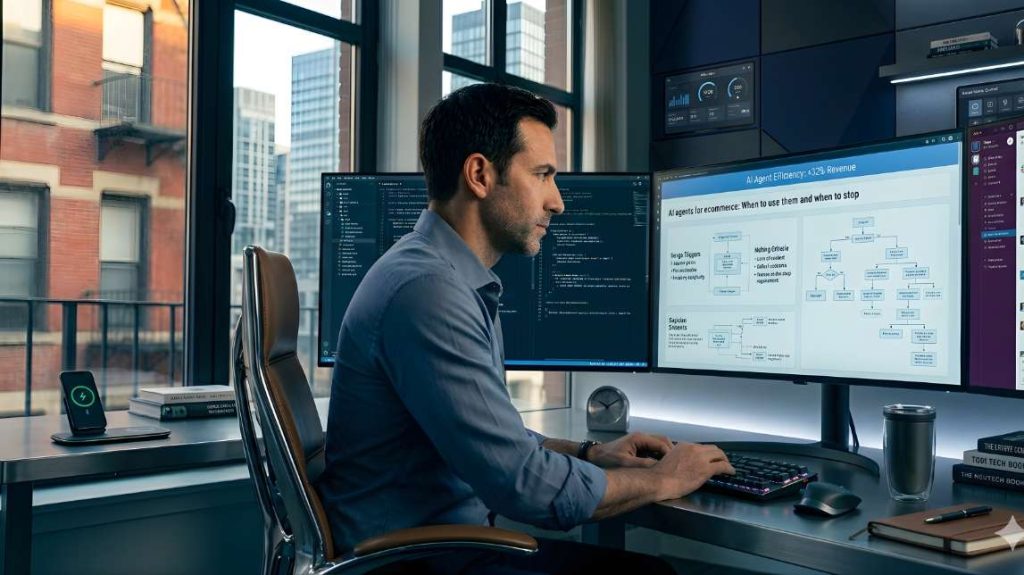 Entrepreneur analyzing ai agent ecommerce performance on a premium dashboard in a New York loft, preparing for 2026 growth.