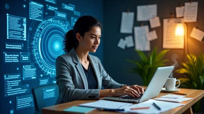 Split screen showing contrast between cold robotic AI interface and warm human workspace, professional content creator bridging both worlds representing AI humanization in 2026