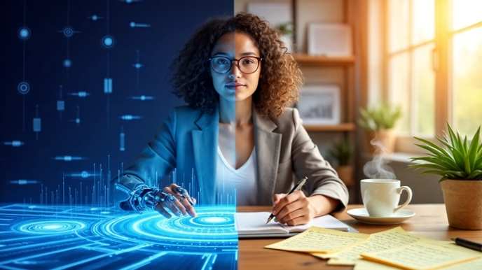 Split-screen showing contrast between cold robotic AI interface and warm human workspace, professional content creator bridging both worlds representing AI humanization in 202