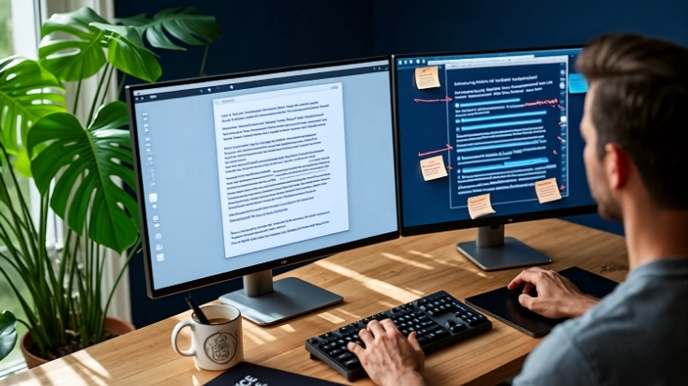 Content creator at dual monitor setup humanizing AI-generated text with annotations and personality, showing voice sculpting process for authentic content in 2026