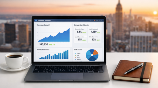 AI content ROI dashboard with conversion and revenue metrics