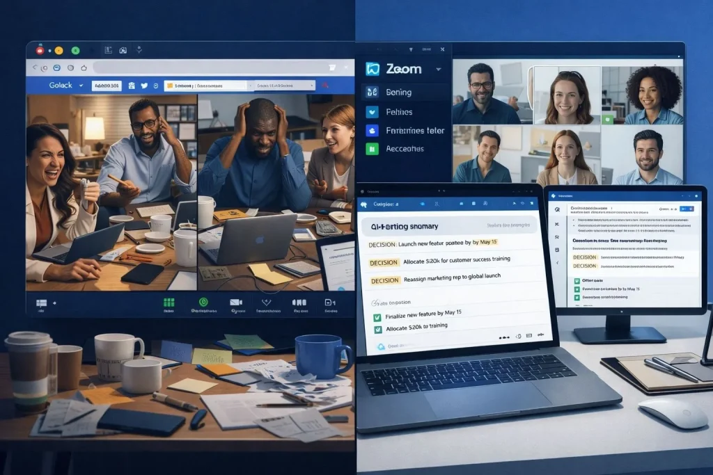 Split screen comparison showing chaotic unproductive meeting with frustrated entrepreneurs on left versus organized AI-powered meeting with Fireflies and Otter tools showing clear decisions on right
