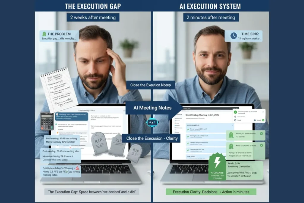 Split screen showing execution gap problem with manual meeting notes taking thirty minutes creating action item graveyard versus AI meeting notes generating structured summary in two minutes with clear action items owners and deadlines closing decision to execution gap