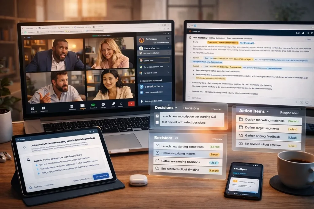 Entrepreneur workspace with Zoom call showing Fathom AI bot, Otter live transcript, ChatGPT agenda creation, and Fireflies notification displaying AI meeting ecosystem