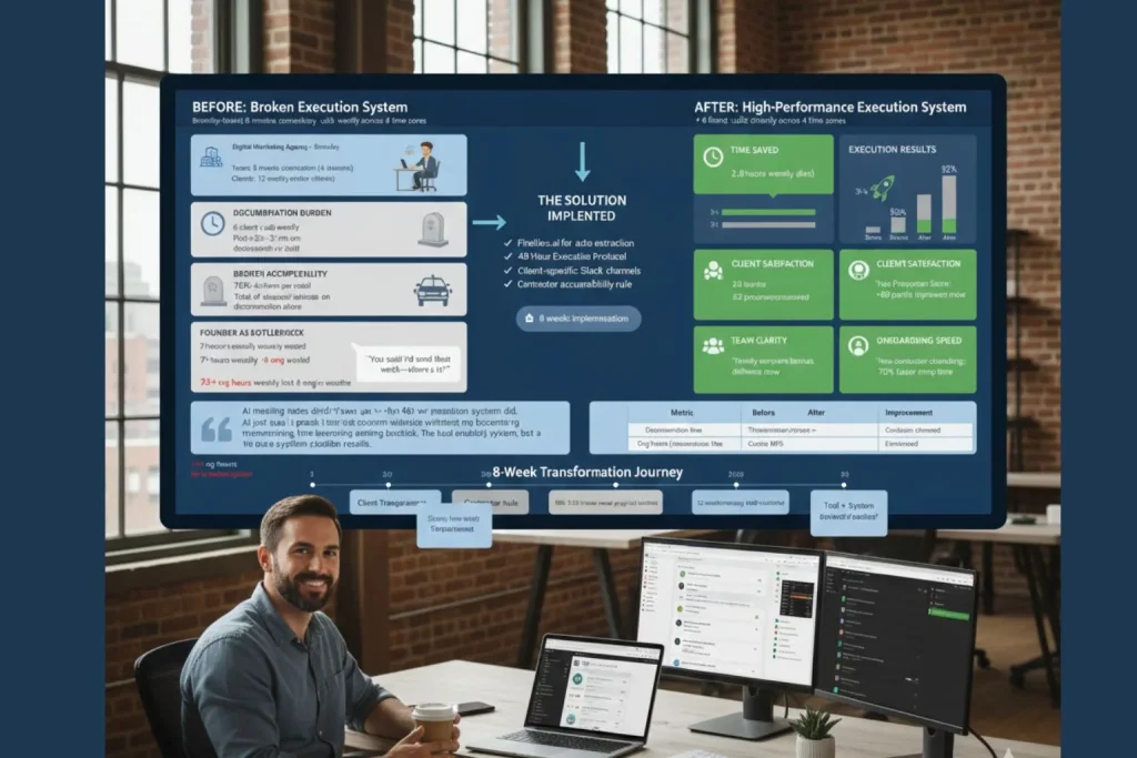 Digital agency case study showing Brooklyn-based founder with eight remote contractors implementing Fireflies AI and forty-eight hour protocol reducing documentation from three hours to point eight hours weekly increasing action item completion from thirty percent to ninety-two percent saving fourteen hours organizational time

