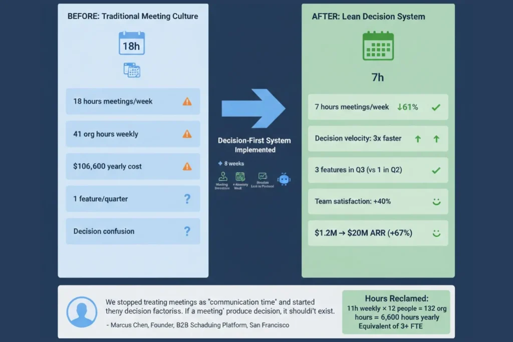 Business transformation case study showing SaaS founder Marcus Chen reducing meetings from eighteen hours to seven hours weekly resulting in three times decision velocity and ARR growth from one point two million to two million dollars