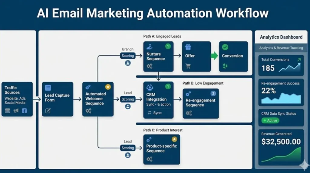 AI email marketing automation KPIs dashboard showing open rates click-through rates conversion benchmarks and 30-day results