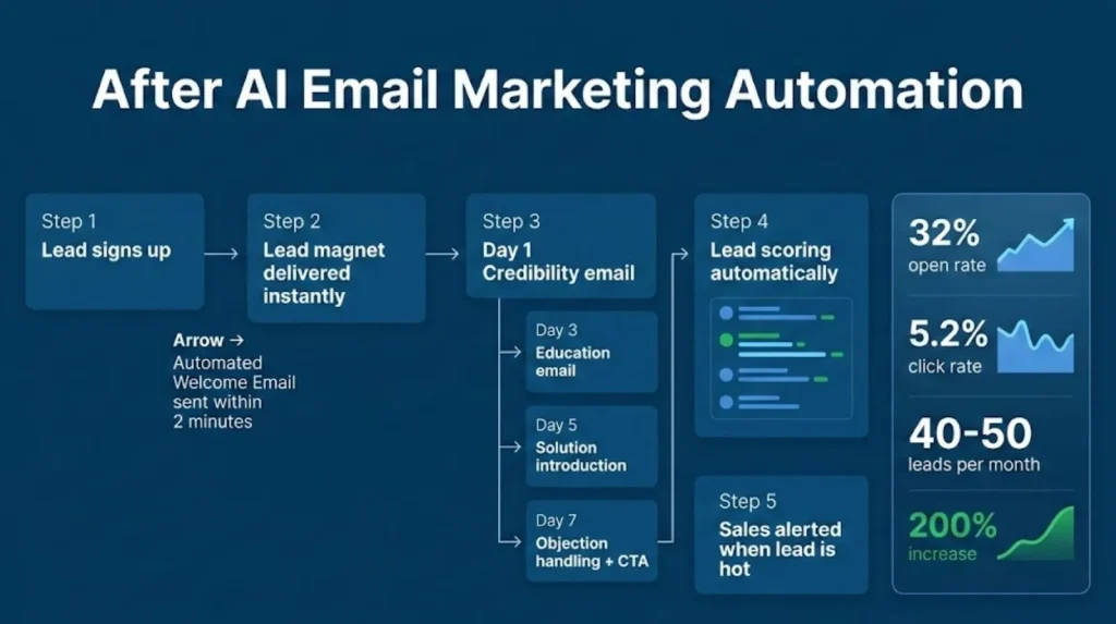 AI email marketing automation 5 workflows showing welcome sequence abandoned cart lead nurture re-engagement and onboarding