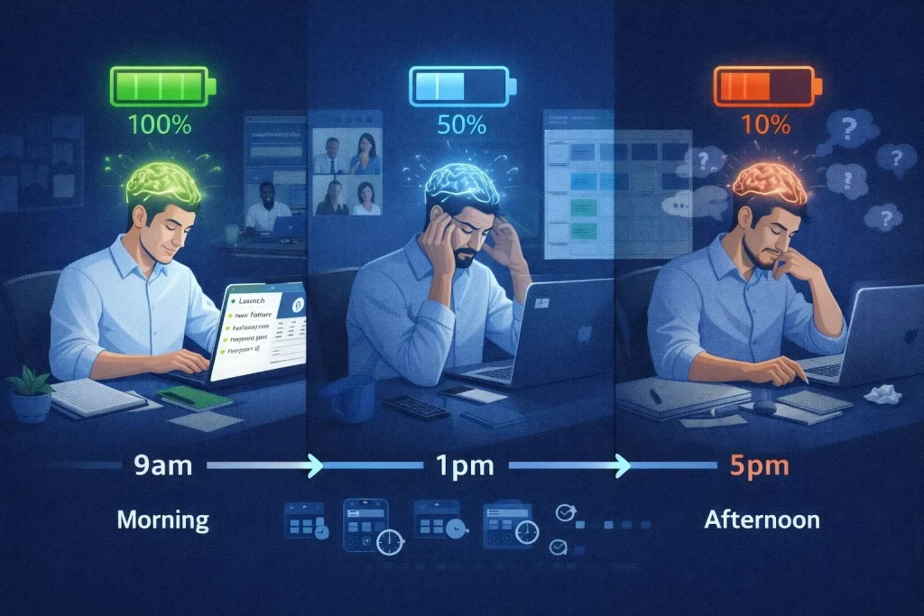 Entrepreneur showing mental exhaustion from back-to-back meetings with depleting battery icon visualization representing decision fatigue and cognitive bandwidth drain
