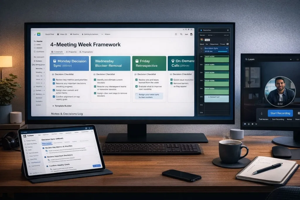  Digital workspace showing Notion template with four-meeting weekly framework, Google Calendar with minimal meetings, and Fellow app agenda on tablet for lean decision-focused system
