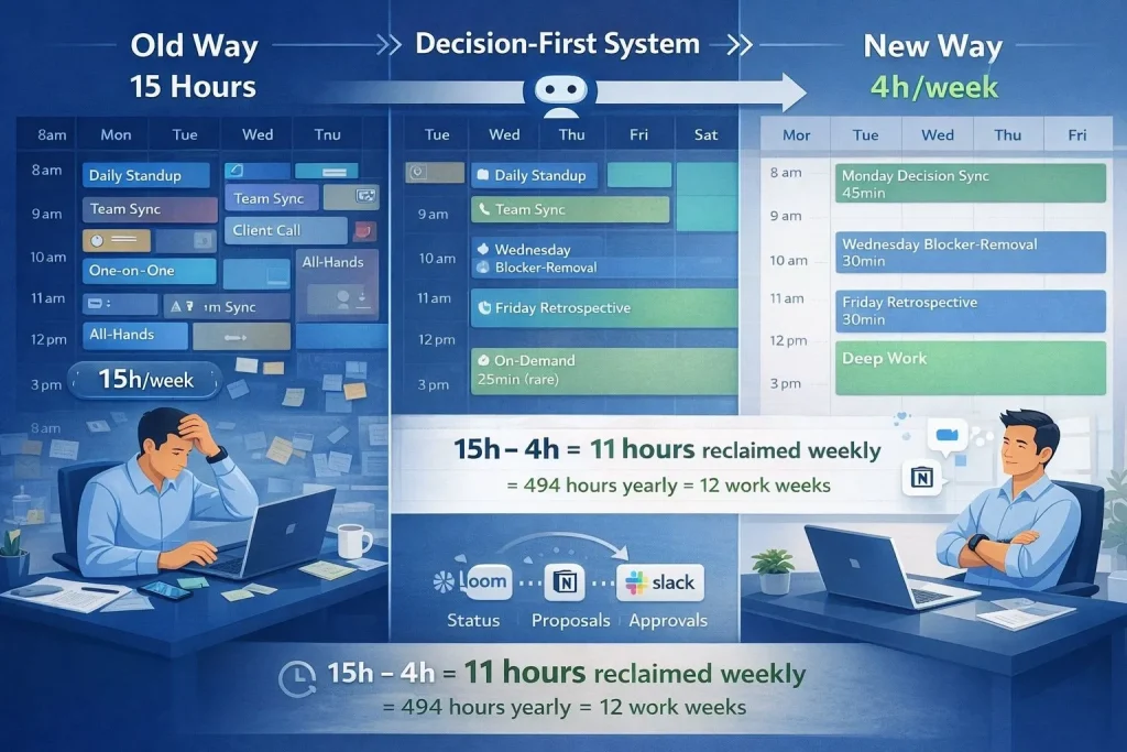 Conceptual split visualization showing traditional fifteen-hour weekly meeting culture versus lean four-hour decision-first system with async tools like Loom, Notion, and Slack replacing unnecessary meetings