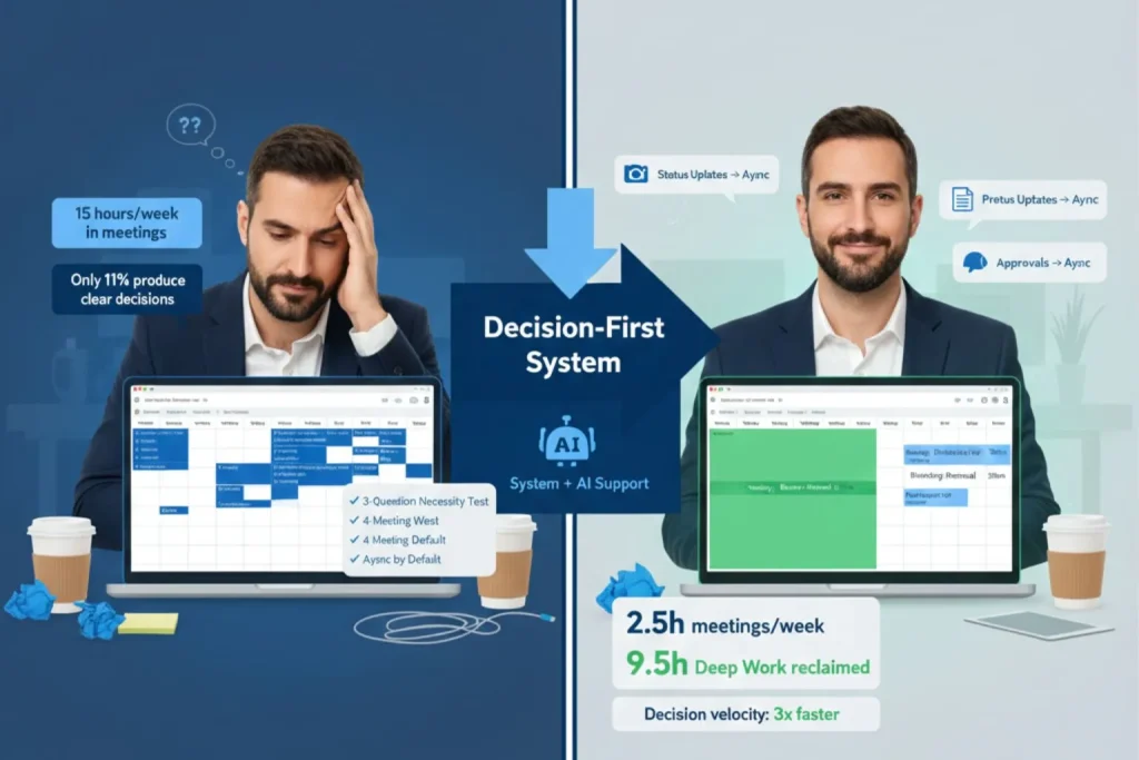 Entrepreneur implementing decision-first meeting system showing lean four-meeting week calendar with async tools Loom Notion and Slack replacing fifteen hours of unnecessary meetings and reclaiming nine point five hours of deep work weekly