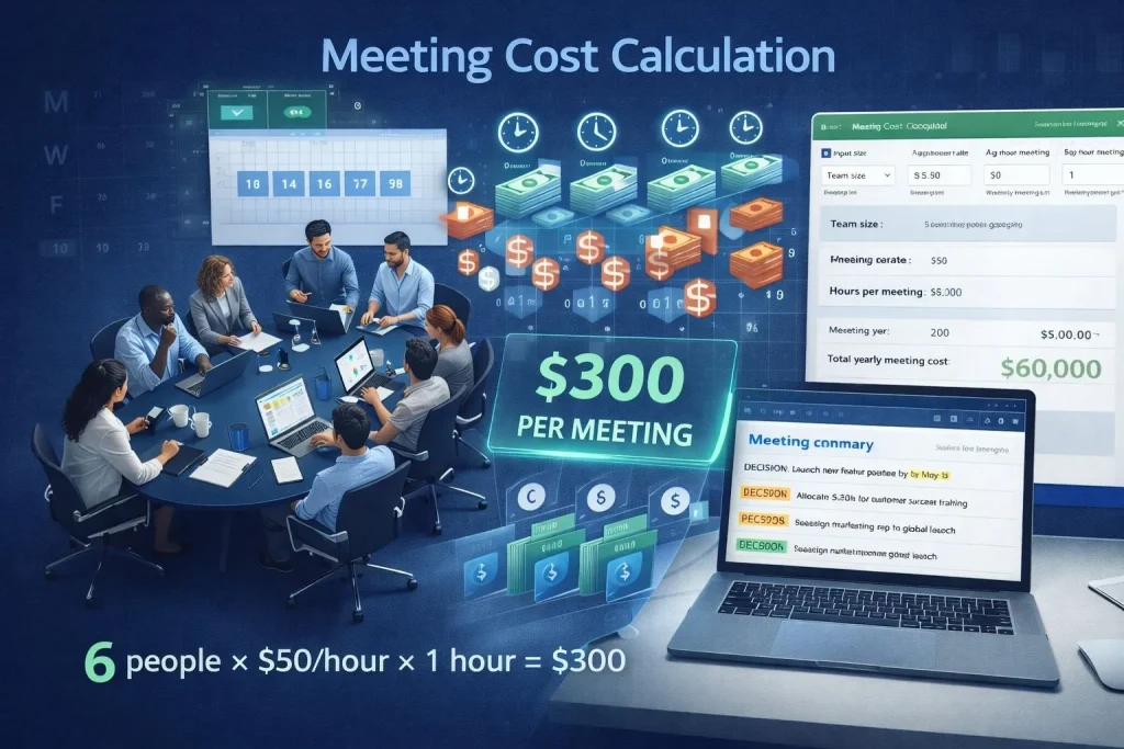 Overhead view of conference table with six professionals and floating holographic calculator showing three hundred dollars organizational cost per meeting with annual projection

