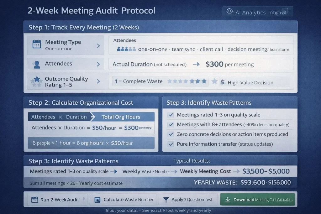 Four-step meeting audit dashboard showing two-week tracking protocol with quality ratings one to five, organizational cost formula, waste pattern analysis showing sixty percent failure rate, and yearly waste projection between ninety-three thousand and one hundred fifty-six thousand dollars
