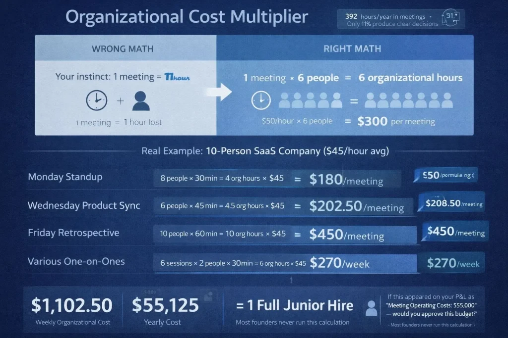 Business infographic showing organizational cost multiplier for SaaS company with ten employees calculating weekly meeting costs totaling one thousand one hundred dollars and yearly cost of fifty-five thousand dollars equivalent to one full junior hire
