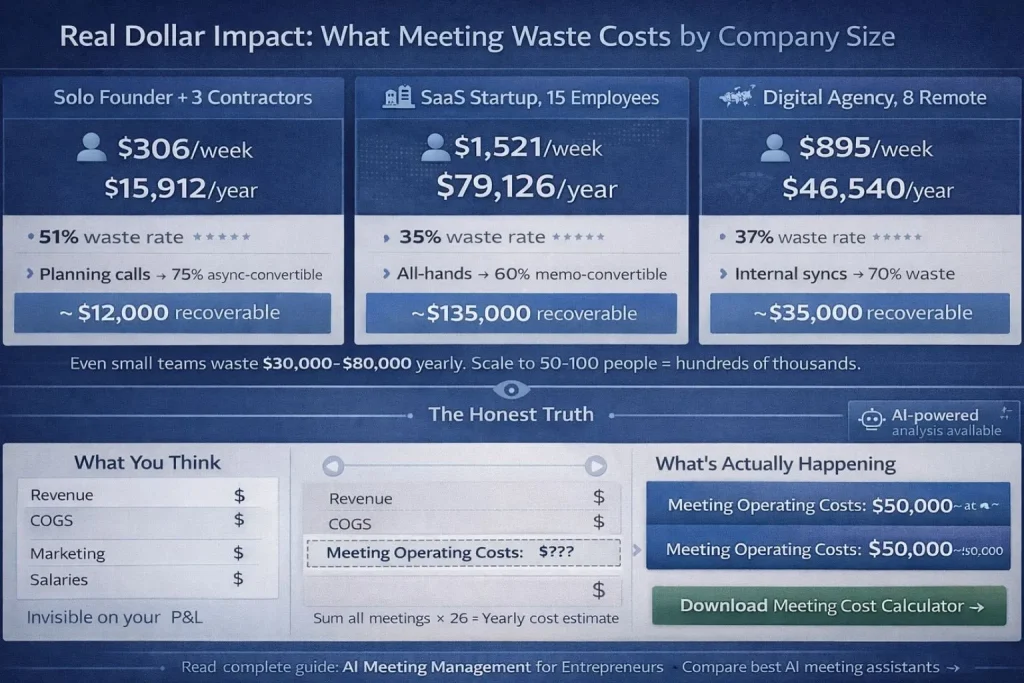 Business economics summary dashboard showing three company scenarios with yearly meeting waste from fifteen thousand to one hundred thirty-five thousand dollars with decision-first system recovery path and meeting cost calculator call to action