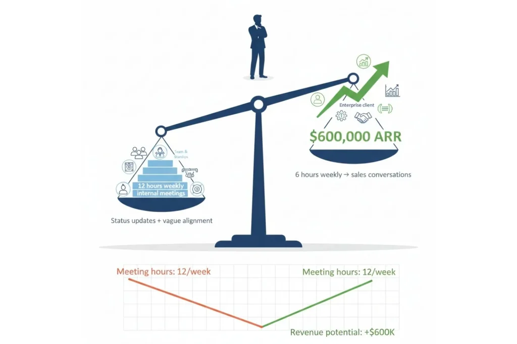Business opportunity cost comparison showing entrepreneur choosing between revenue-generating sales calls worth six hundred thousand dollars versus internal meetings with declining value chart
