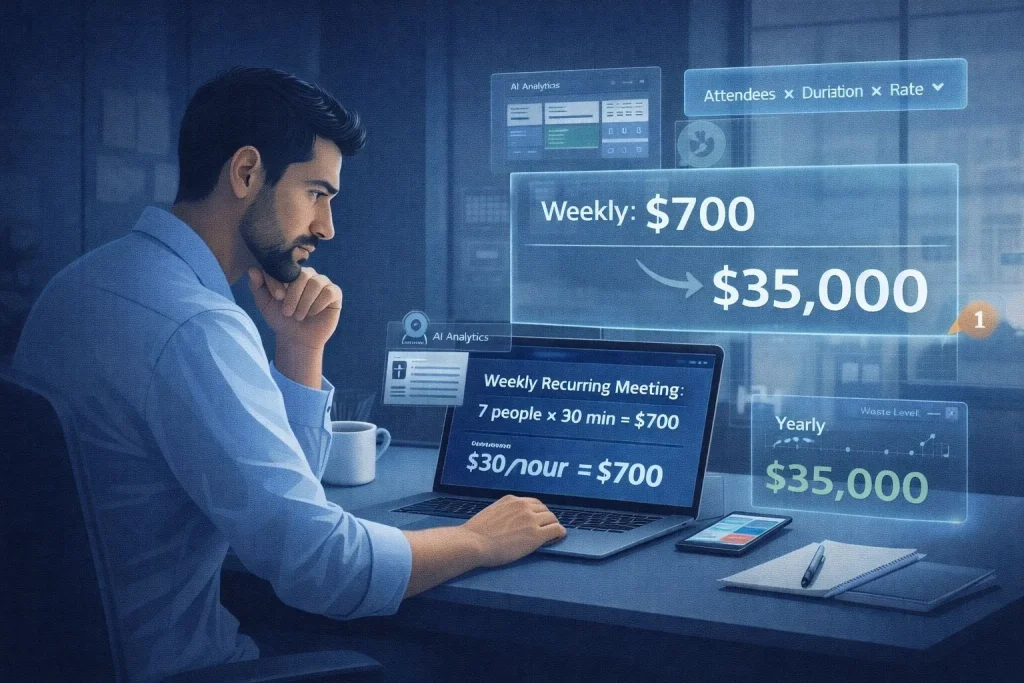 Business cost analysis visualization showing entrepreneur calculating meeting waste with holographic financial dashboard displaying thirty-five thousand dollars yearly loss from recurring unproductive meetings
