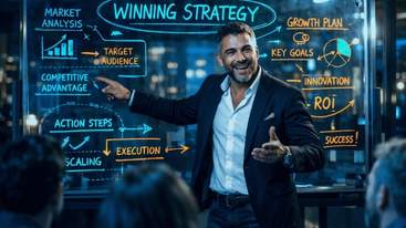 Business strategist presenting winning AI content framework to US entrepreneurs with actionable ROI-focused methodology"