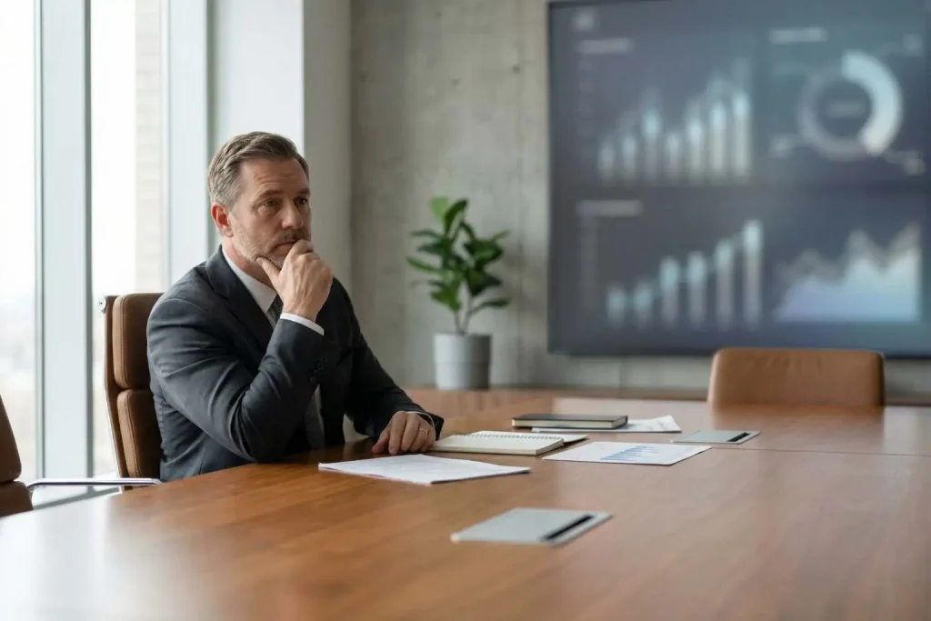 Founder experiencing decision fatigue in a modern executive office environment