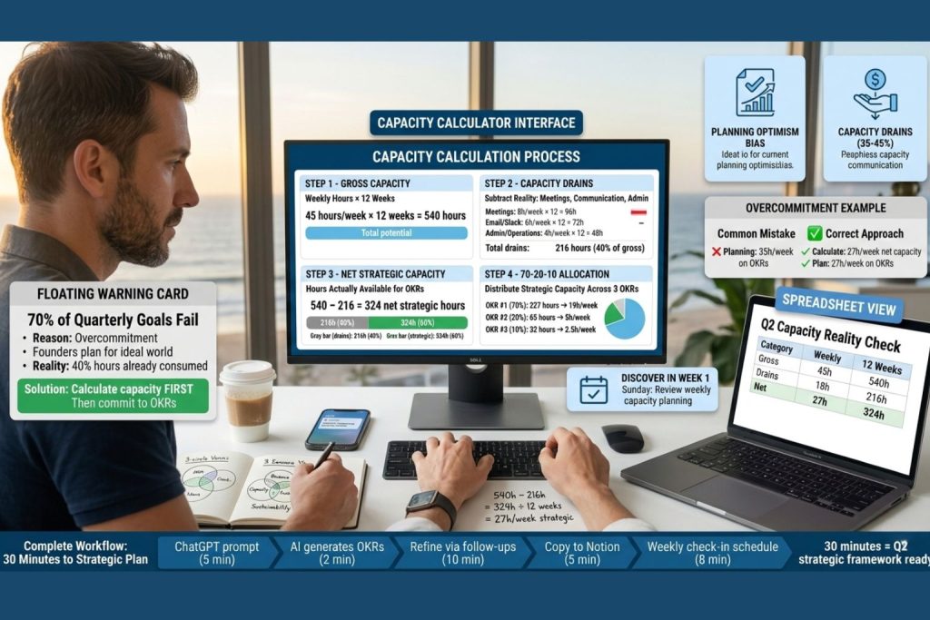 Entrepreneur calculating twelve-week capacity showing formula starting five hundred forty gross hours minus capacity drains equals three hundred twenty-four net strategic hours preventing seventy percent quarterly goal failure caused by overcommitment using realistic capacity calculation
