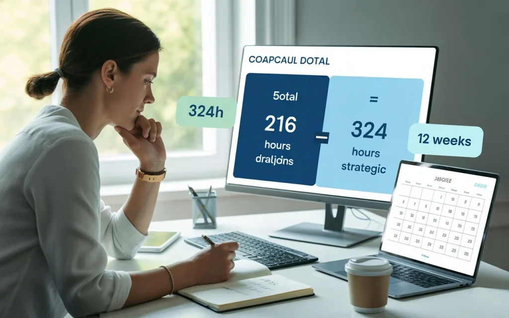 Entrepreneur calculating twelve-week capacity planning showing net strategic hours after subtracting capacity drains preventing quarterly overcommitment through realistic time formula validation before goal setting