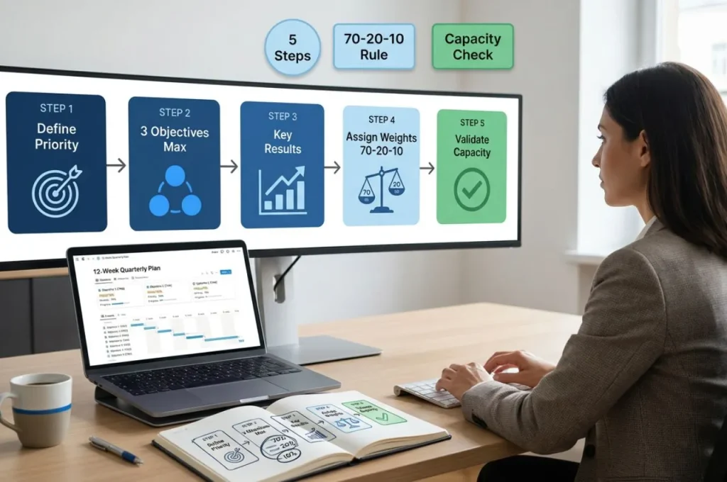 Five-step twelve-week OKR framework showing entrepreneur defining business priority, writing three objectives maximum, attaching measurable key results, assigning seventy-twenty-ten priority weight, and validating against realistic capacity