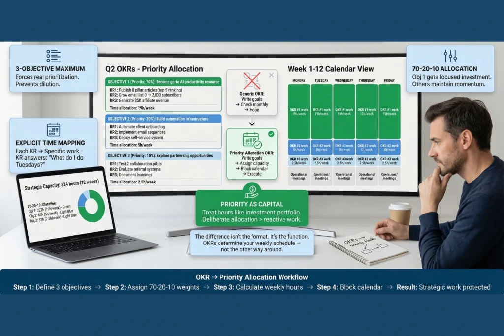 Entrepreneur creating twelve-week OKR framework showing three objectives maximum with measurable key results translated into explicit weekly time allocation using seventy-twenty-ten priority rule treating goals as strategic capital investment not task list
