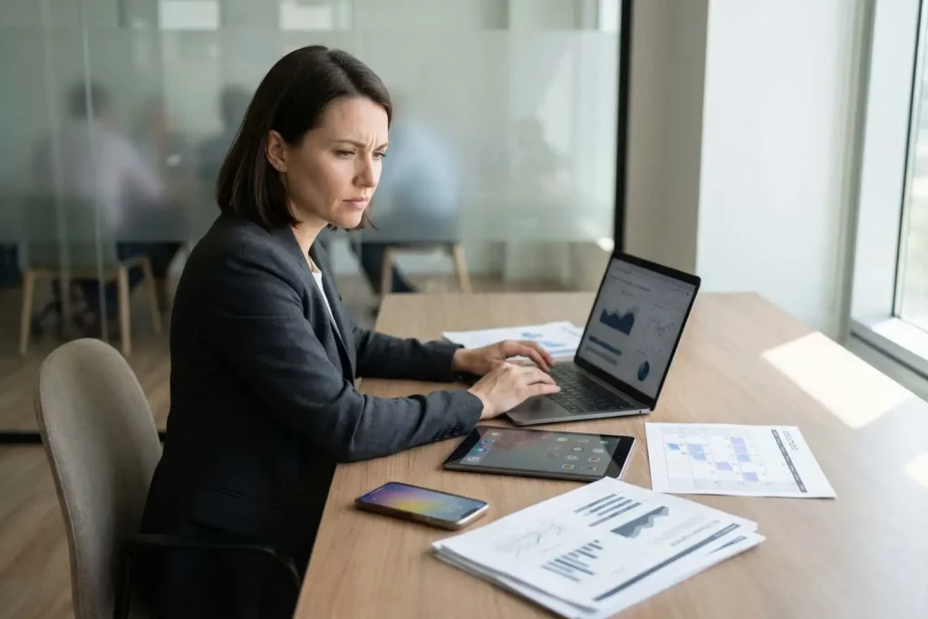 Founder facing multiple micro-decisions at a modern business workspace