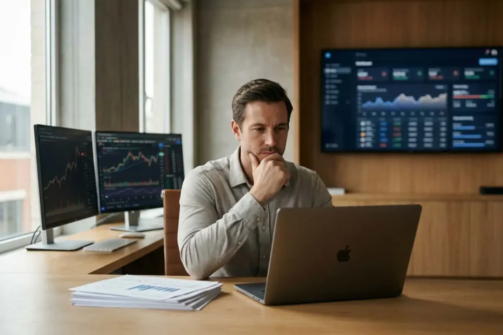 Founder making a strategic decision while reviewing multiple information sources