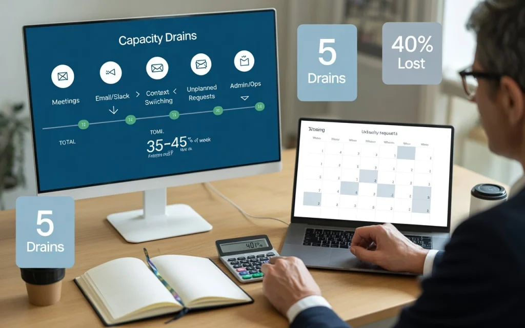 Five hidden capacity drains consuming thirty-five to forty-five percent weekly hours including meetings, email communication, context switching, unplanned requests, and admin operations shown through visual breakdown preventing strategic work time
