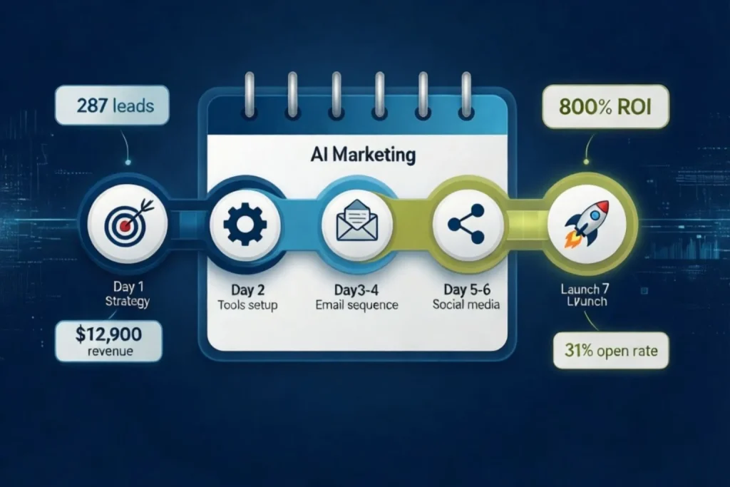 AI marketing campaign tutorial showing 7-day launch plan with email automation social media and lead generation results