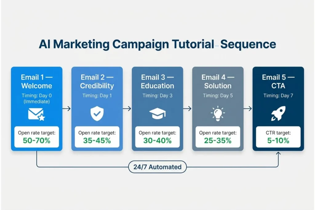 AI marketing campaign tutorial 5-email welcome sequence showing automated workflow from signup to conversion
