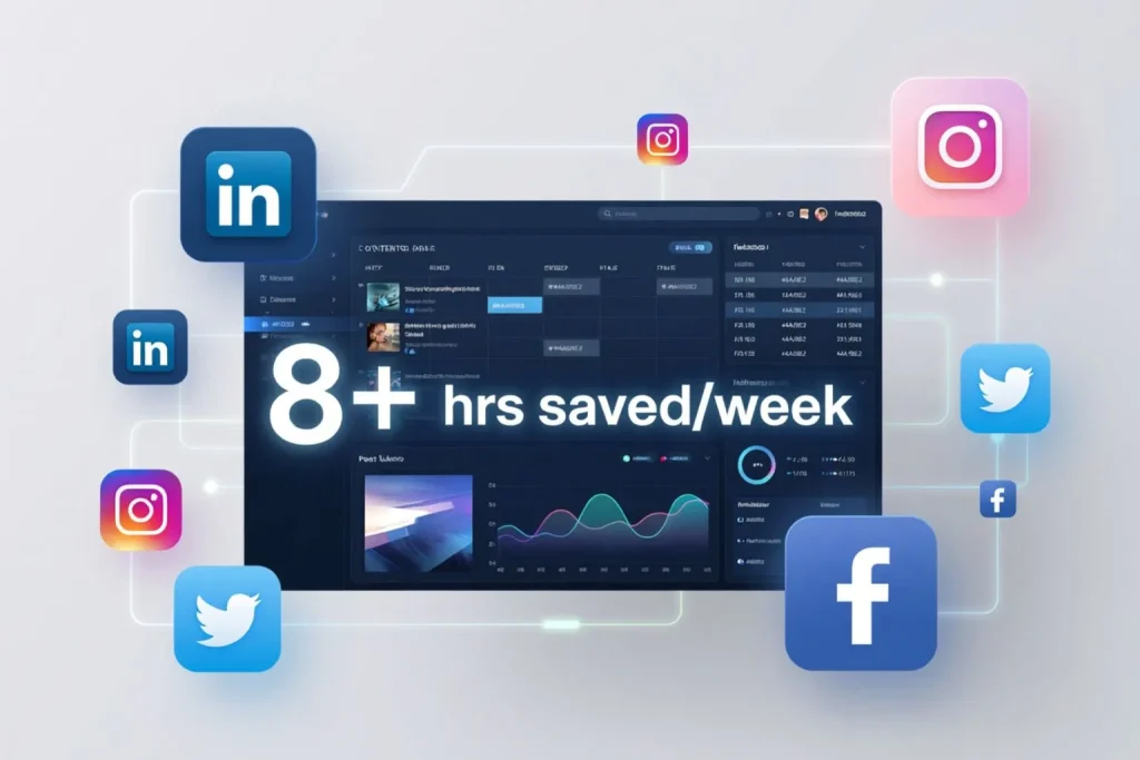 Social media automation for small business showing multi-platform scheduling dashboard saving 8 hours weekly