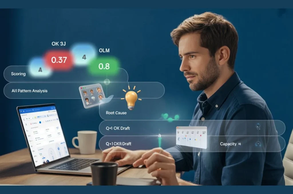 Realistic photograph US entrepreneur 35 ans running AI-powered 90-minute quarterly OKR review framework with timeline overlays showing scoring, AI analysis, root causes, Q+1 planning, capacity validation
