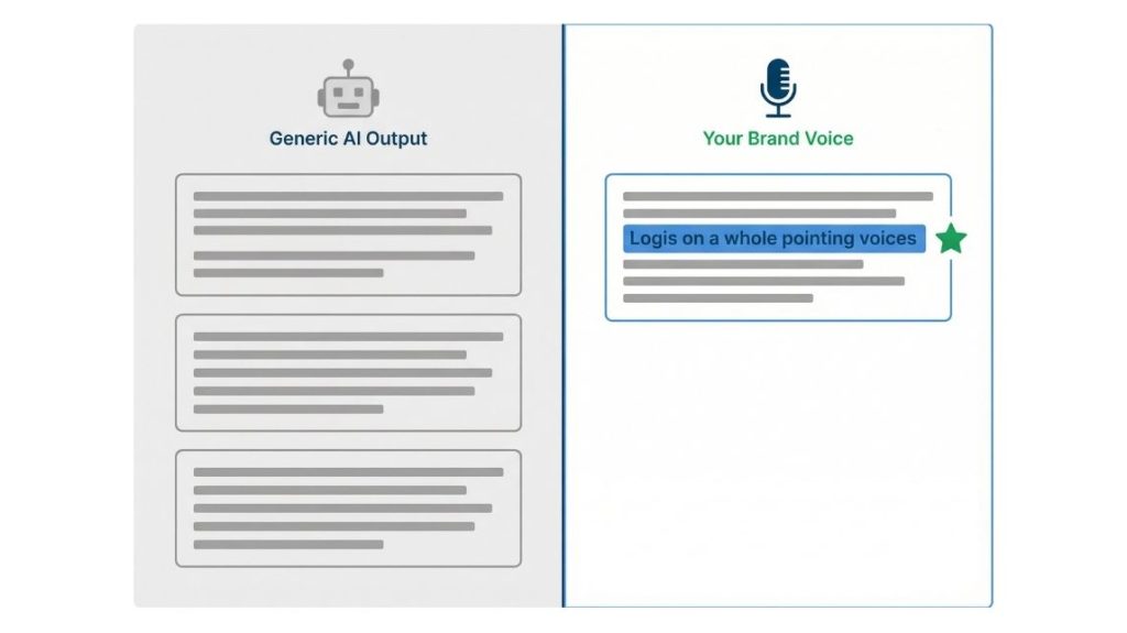 Split-screen comparison showing generic AI writing output versus distinctive brand voice writing with consistent tone and vocabulary across a content cluster