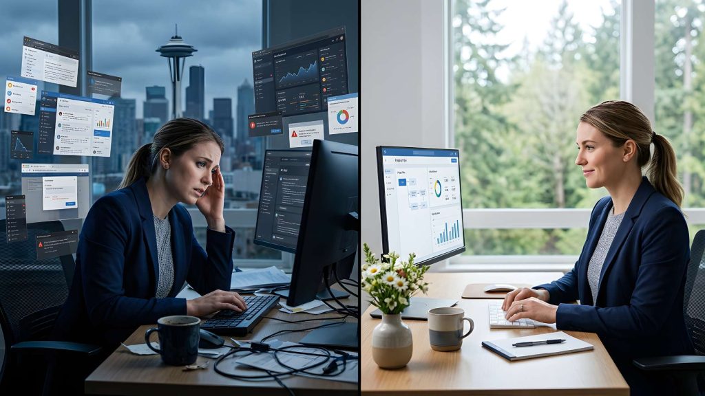 Split scene showing ai tool becomes a distraction on one side and a simple workflow on the other, illustrating how to reduce overload and improve productivity