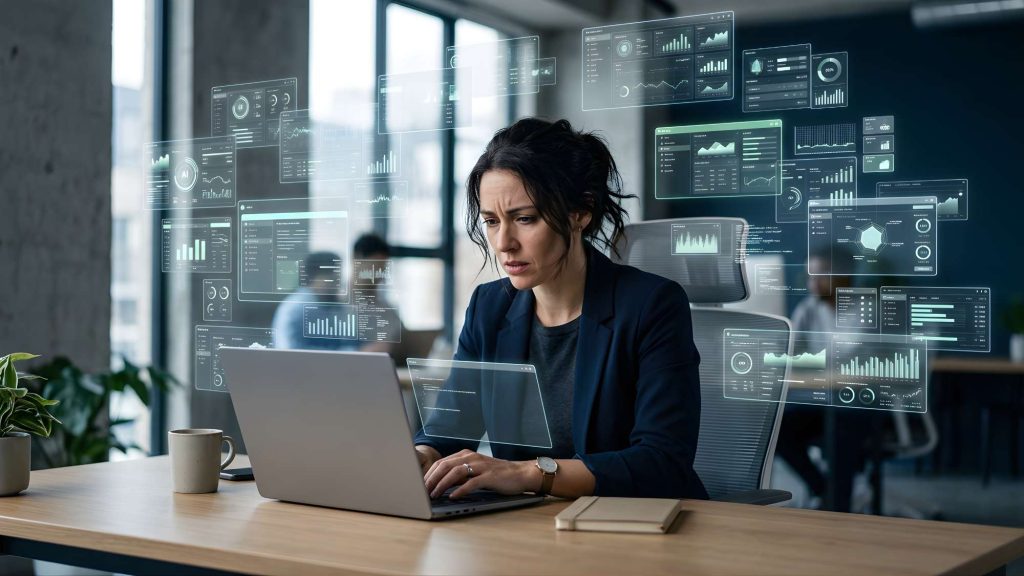 Professional woman overwhelmed by multiple AI tools, illustrating how an ai tool becomes a distraction, highlighting ai tool distraction signs and the ai tool audit process to understand when to remove ai tools