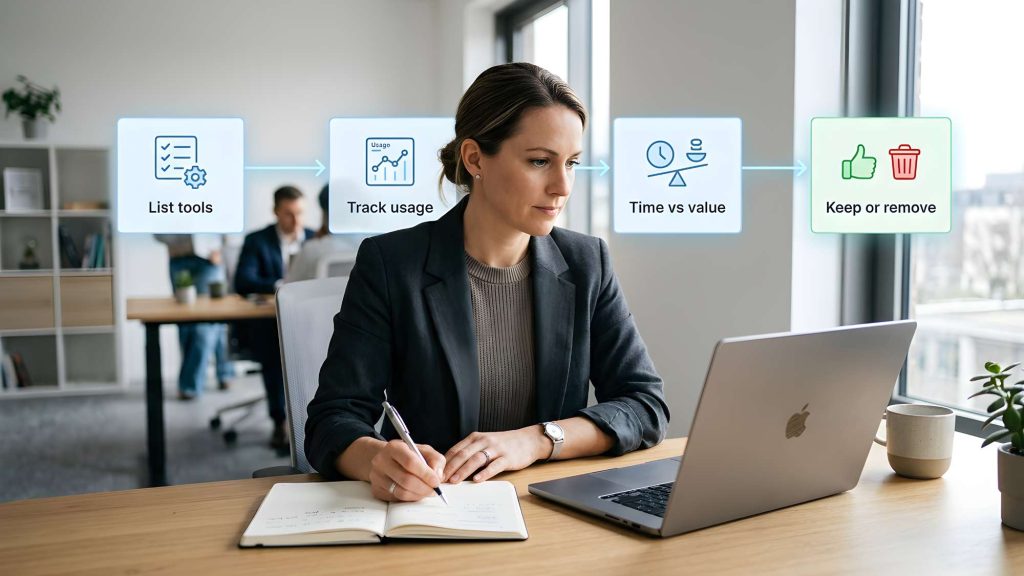 Professional woman using an ai tool audit process with labeled steps like list tools, track usage, and decide when to remove ai tools
